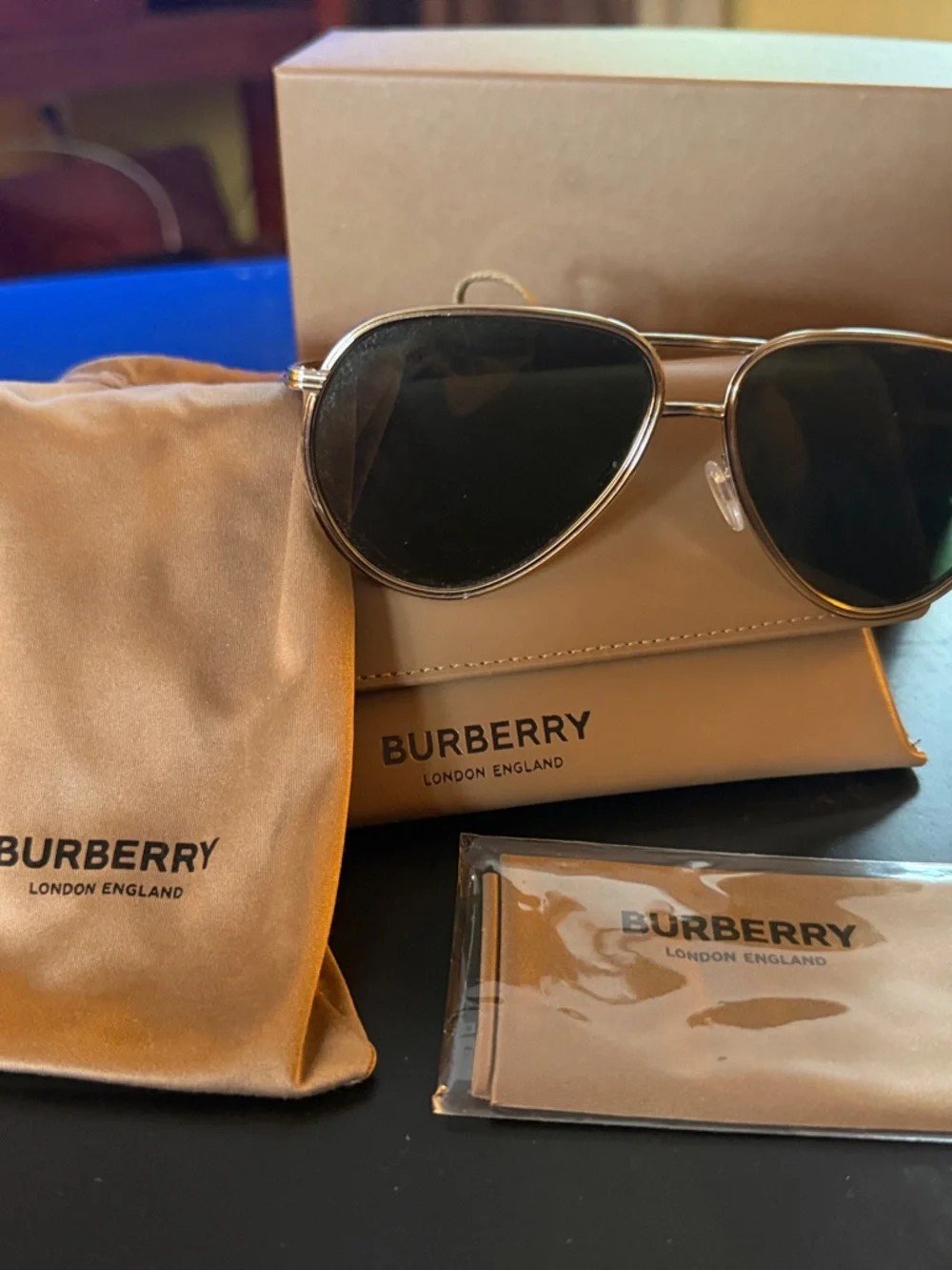 Burberry Gold Aviator Sunglasses with Black Lenses